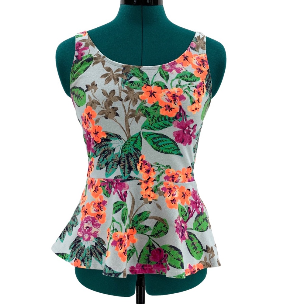 Express Tropical Floral Zipper Back Peplum Tank Top, Small